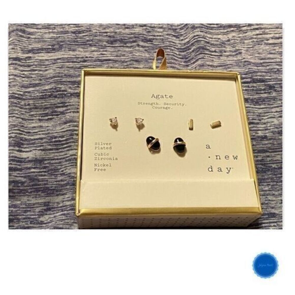 SILVER Plated Oval Black Agate and Cubic Zirconia Bar Earring Trio Set